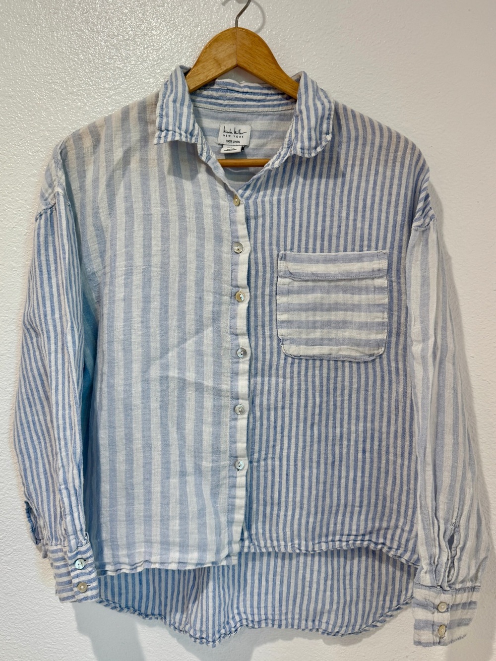 Nicole Miller 100% Linen Mixed Stripe High Low Button Down Shirt Blue White L